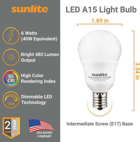 Sunlite 80334-SU LED A15 Light Bulb, 6 Watts (40W Equivalent), Intermediate Base (E17), 480 Lumens, Dimmable, Frosted Finish, ETL Listed, 1 Count,...