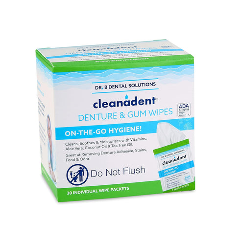 Dr. B Dental Solutions Cleanadent Wipes - Convenient Denture Cleaning Wipes, Refreshes Gums, No Artificial Colors/Flavors - 30 Pack...