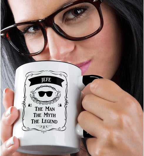 3dRose mug_232417_4 Jefe - The Man The Myth The Legend dad father boss chief in Spanish - Two Tone Black Mug, 11oz...