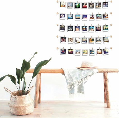 BIZYAC Hanging Photo Display Room Wall Decor - Sculptural Picture Frames Collage - 5 Strings with 30 Clips - 3M Self Adhesive Hooks - No Holes Dri...