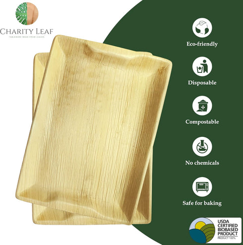 Disposable Palm Leaf 14" x 10" Trays (10 pieces) Bamboo Like Serving Platters, Disposable Boards, Eco-Friendly Dinnerware For Weddings, Catering, ...