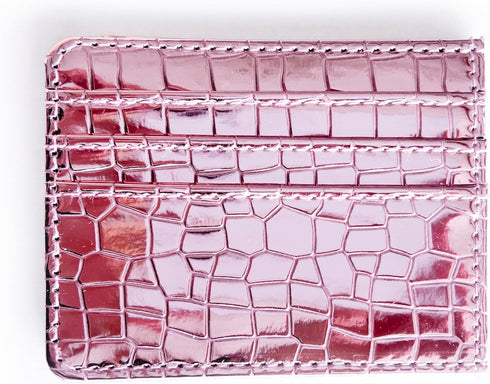 Super Shiny Slim Credit Card Holder Mini Front Pocket Wallet in Mirror Metallic Faux Crocodile pattern (Metalic Pink)...
