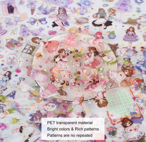 EAMOTOL 100 Sheets Kawaii Girls Stickers Kit for Journaling - Cute Sweet Cartoon PET Transparent Collage Scrapbooking Supplies Sticker Decal for J...