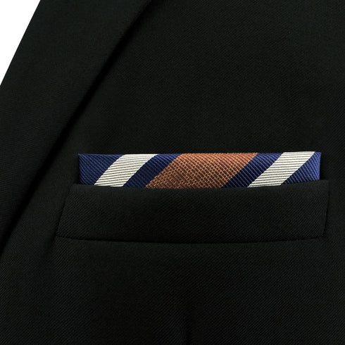 S&W SHLAX&WING Striped Pocket Square for Men Navy Blue with White Brown Stripes Business...