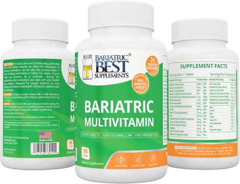 Bariatric Multivitamin with Iron for Post-Gastric Bypass & Sleeve Surgery, Energy Supplements, 90 Tablets, 24 Essential Nutrients, Formulated by B...