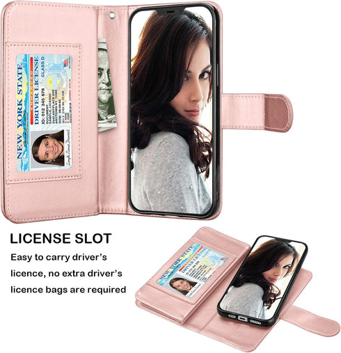 Njjex iPhone 12 Mini Wallet Case (2020) - 9 Card Slots, PU Leather, Detachable Kickstand, Magnetic Cover & Lanyard, Rose Gold...