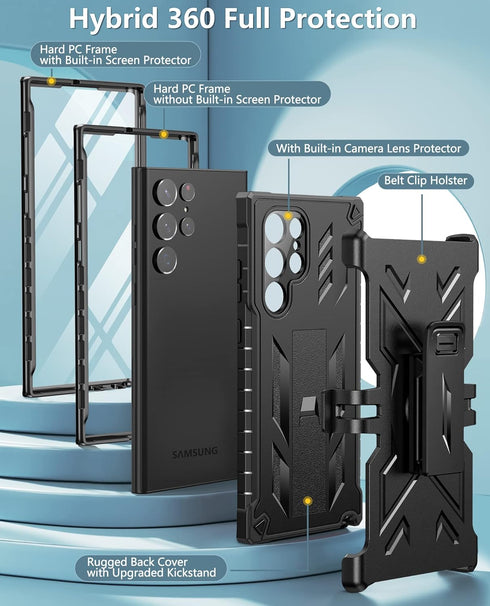 FNTCASE for Samsung Galaxy S22 Ultra Case: Built-in Screen Protector & Kickstand & Belt-Clip Holster, Extra Front Frame Full-Body Dual Layer Rugge...