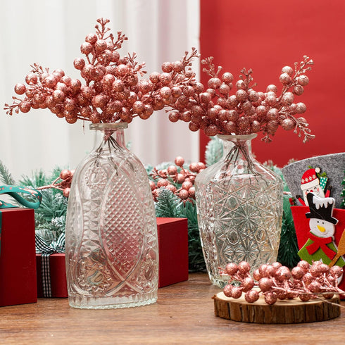 Crafare 24 Pack Rose Gold Christmas Glitter Berries Stems Artificial Christmas Picks for Christmas Tree Ornaments Wreath, Crafts, Holiday and Home...
