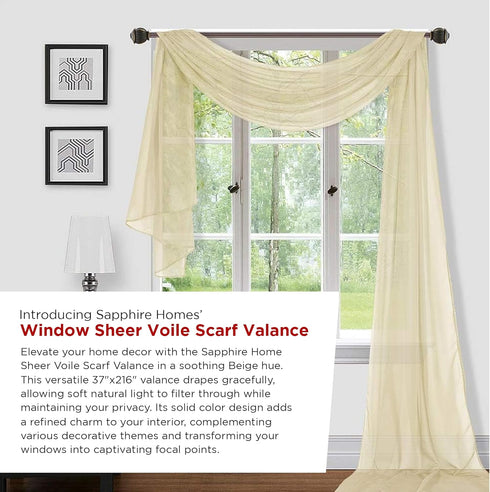 Sapphire Home Window Scarf Valance Curtains - Extra Long Sheer Valances for Windows - Voile Swag Curtains for Living Room, Kitchen, and Bedroom De...