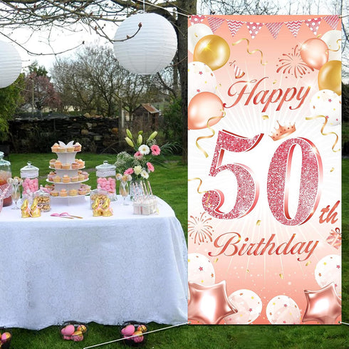DPKOW Rose Gold 50th Birthday Banner - Backdrop, Wall & Garden Decoration, 185 x 90cm Fabric...