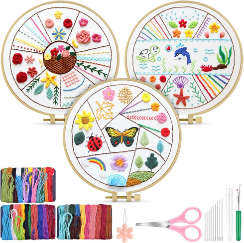 TINDTOP 3 Sets Beginners Embroidery Stitch Practice kit, Embroidery Kit for Beginners Include Embroidery Cloth Hoops Threads for Craft Lover Hand ...
