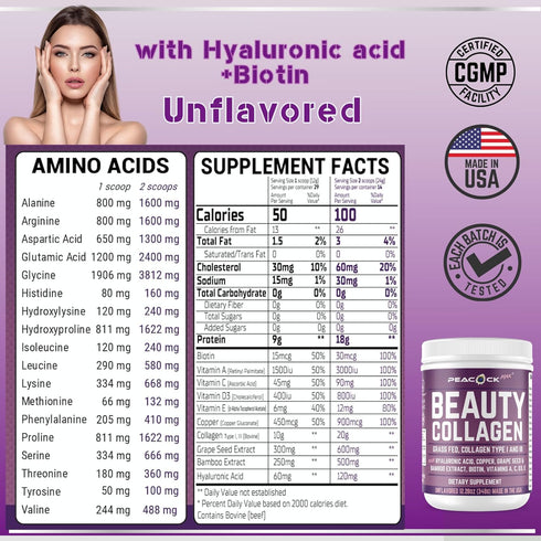 Beauty Collagen Peptides 12.28 oz Grape Seed Extract Biotin Pasture raised Bovine Bamboo extract Vitamin A C D3 E Copper...