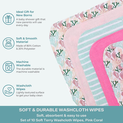 Spasilk Washcloth Wipes Set for Newborn Boys and Girls, Soft Terry Washcloth Set, Pack of 10, Pink Coral...