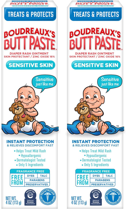 Boudreaux's Butt Paste for Sensitive Skin Diaper Rash Cream, Ointment for Baby, 4 oz Tube, 2 Pack...