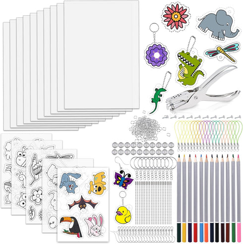 GOLDGE 218 Pcs Shrink Plastic Sheets Kit: 15 Plastic Sheets, Keychains, Hole Punch, and Pencils for Creative Crafts. Ideal for Kids and DIY Projec...