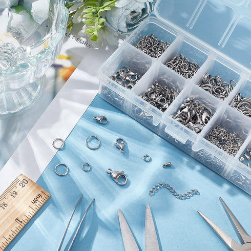 PH PandaHall 830pcs Jewelry Making Findings Stainless Steel, 680pcs 5 Styles Jump Rings 90pcs 3 Styles Lobster Claw Clasps 30pcs 40mm Extender Cha...