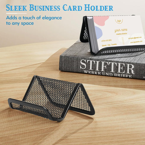 2 Pcs Black Business Card Holder Desk, Wire Mesh Business Card Holder Display, Desktop Business Card Stand, Metal Business Card Display Holder for...