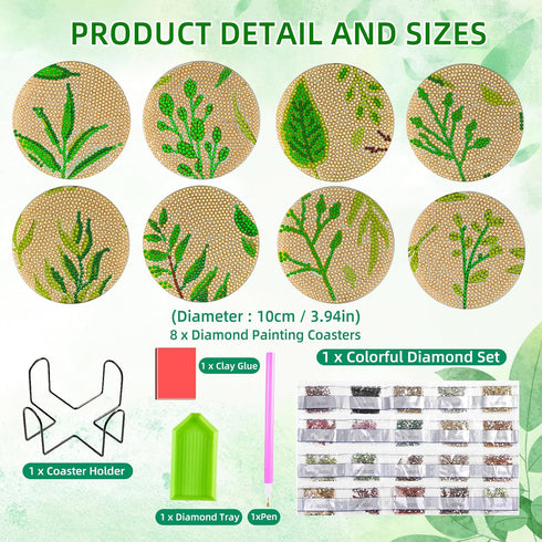 8 Pcs Leaves Diamond Painting Coasters Kit,Acrylic Diamond Art Coasters with Holder,DIY Green Leave Diamond Painting Coasters for Adults Beginners...