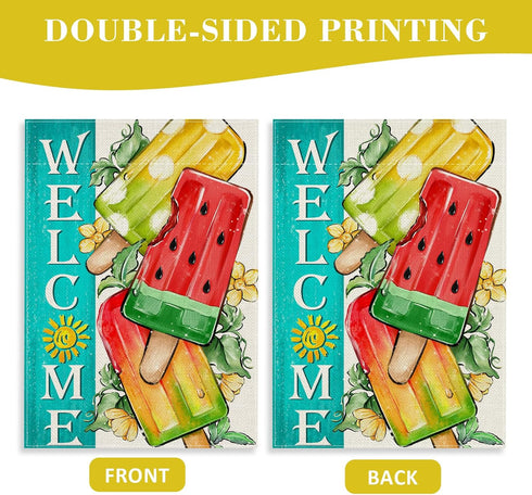 Welcome Summer Watermelon Popsicles Decorative Garden Flag, Sun Yellow Flower Yard Outside Decorations, Seasonal Burlap Outdoor Small Home Decor D...