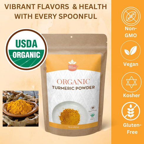 SPICY ORGANIC Turmeric Root Powder – 16 oz. – High Curcumin, Non-GMO Turmeric Spice for Cooking, Skin Care, Golden Milk, and Joint Health Support ...