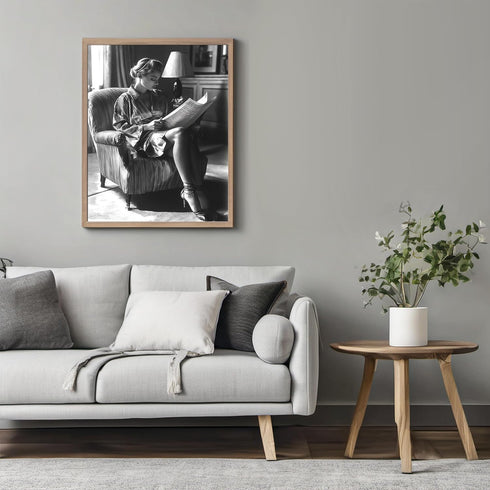 Posterizer 1 pcs-20th-century glamour photography black and white photo of woman reading newspaper 1-Photography Art-Retro Art- unframed wall art...