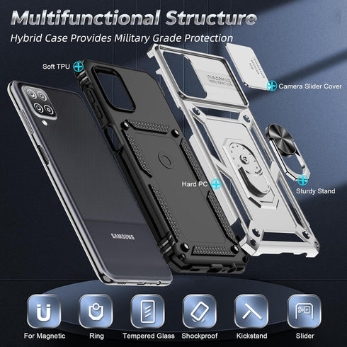 LeYi for Galaxy-A12-Phone-Case, Samsung A12 Case with Slide Camera Cover, Military-Grade Heavy Duty Shockproof Hard Case with Rotatable Ring Stand...
