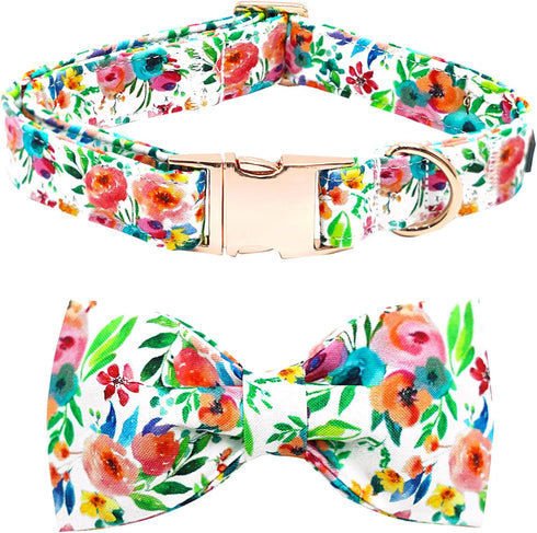Dog Collar Flowers Print Pet Collar Soft Cute Dog Collar with Bow Tie Adjustable Metal Buckle Collar Gift Collar for X-Large Dogs...