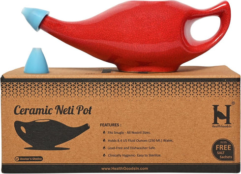 HealthGoodsIn Premium Handcrafted Durable Ceramic Neti Pot, Nasal Cleansing, Dishwasher Safe with 2 Silicone Nozzle Tip, Holds 225 Ml. - Crackle P...