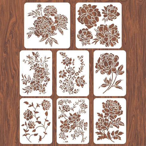 8pcs Peony Wall Stencils for Painting 11.7x8.3" Tile Stencil Set Reusable Plastic Wall Stencils Template for Painting on Wood Wall Furniture Floor...