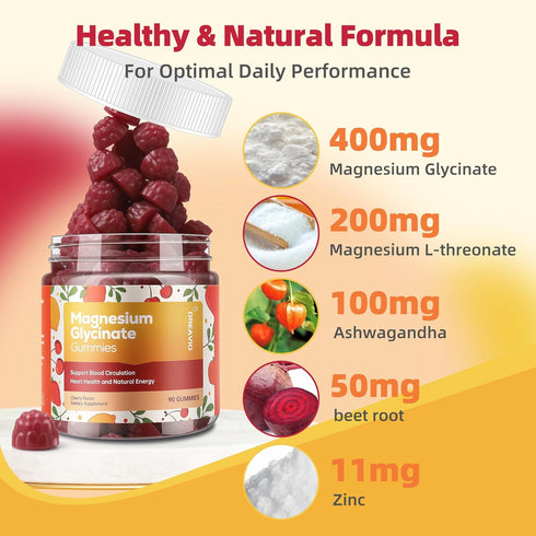 90 Count Magnesium Glycinate Gummies 400mg w/Magnesium L-Threonate & Ashwagandha Supplement - Sugar Free Zinc Magnesium Glycinate Supplement Ashwa...
