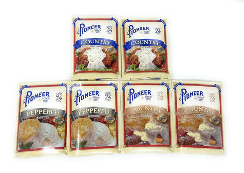 Pioneer Brand Gravy Variety Bundle, 2.75 oz (Pack of 6) includes 2-Count Peppered Gravy Mix + 2-Count Country Sausage Flavor Gravy Mix + 2-Count C...