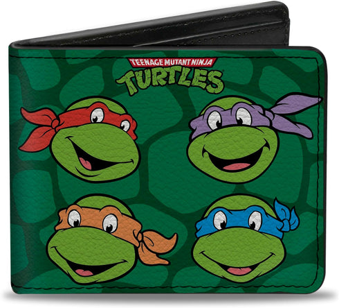 Nickelodeon Men's Buckle-Down PU Bifold Wallet-Classic TMNT Group Faces + Pose Turtle Shell Black/Green, Multicolor, 4.0" x 3.5"...