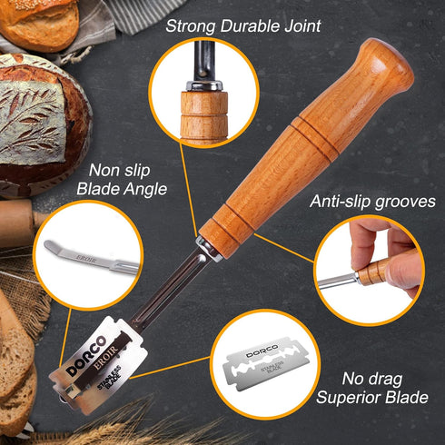 Hand Crafted Bread Lame Dough Scoring Tool in Wooden Storage Box for Sourdough Bread Baking - Dough Scoring Knife with 10 Extra Blades and a Prote...