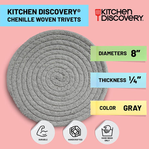 Trivets for Hot Pots and Pans - Kitchen Discovery 8" Chenille Trivets - Set of 3 Large Woven Hot Pan Holders. Decorative Dining Table Accessories ...