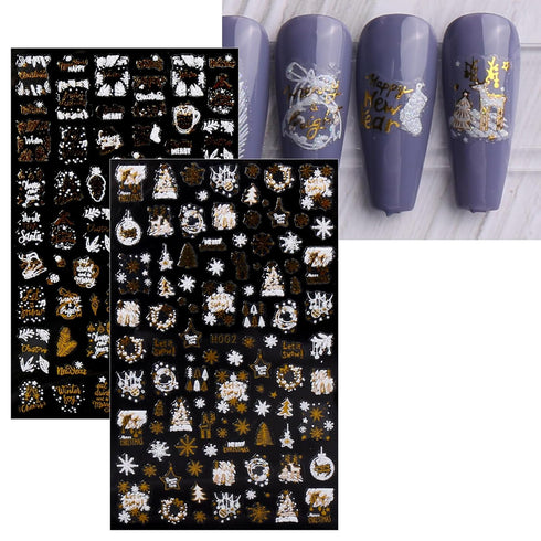 JMEOWIO 8 Sheets Christmas Glitter Nail Art Stickers Decals Self-Adhesive Pegatinas Uñas Snowflake Xmas Winter Holiday Cute Gold White Nail Suppli...
