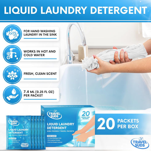 TravelSuds Laundry Detergent Sink Packets (20 pack) | Travel Laundry Detergent for Hand Washing in the Sink, Includes Free Sink Stopper | Pack of ...