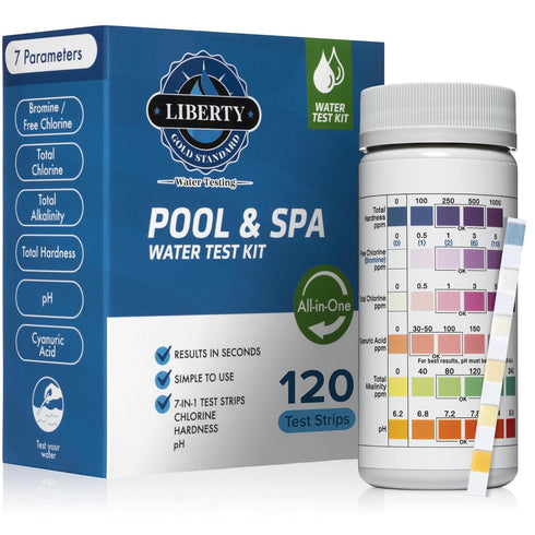 Liberty Gold Standard© Water Test Strips (121-Piece Kit) All-in-One Testing for Pools & Spas, Hot Tubs - Test Chlorine, pH, Hard Water Hardness Te...