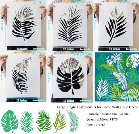 5 Pieces 12 x 16 Inch Large Leaf Stencils for Painting on Walls, Reusable Palm Leaf Stencils, Tropical Jungle Leaf Stencils Fern Leaf Stencils for...