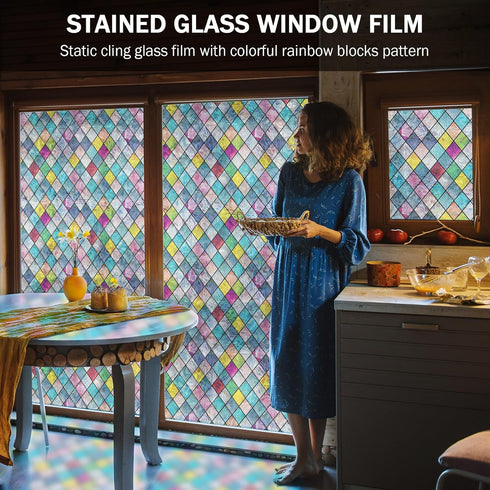 FEOMOS Stained Glass Window Film, Window Privacy Films, Colorful Lattice Window Tint, Rainbow Glass Decals Stickers for Home Anti UV 29.5x78.7 inc...