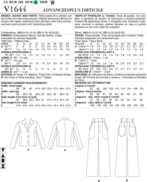Vogue V1644E5 Women's Fitted Collared Jacket and Flared Pants Sewing Patterns by Kathryn Brenne, Sizes 14-22...