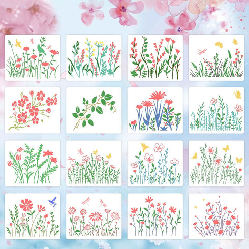 16 Pieces Wildflower Stencils for Painting, Reusable Large Spring Wild Flower Stencils Wall Stencils, DIY Large Drawing Template Stencil for Paint...