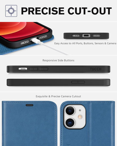 TUCCH Wallet Case, iPhone 12 Pro/12 5G, Lake Blue, TPU Shockproof Inner Shell, PU Leather, RFID Blocking, Card Holder, Magnetic Stand, Compatible ...