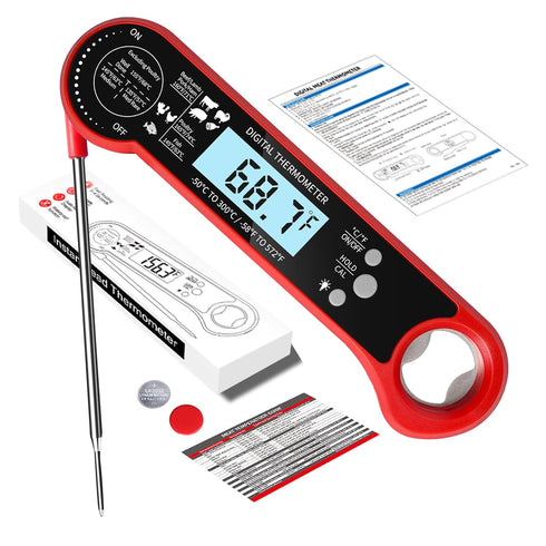 Instant Read Meat Thermometer with LCD Backlight, Waterproof Candy Thermometer and Food Thermometer for Cooking, Foldable Probe Meat Thermometer D...