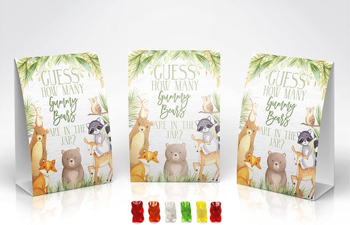 Your Main Event Prints Guess How Many Gummy Bears Game - 5x7 Self-Standing Sign and 50 Guessing Cards - Woodland Theme for Baby Shower or Birthday...