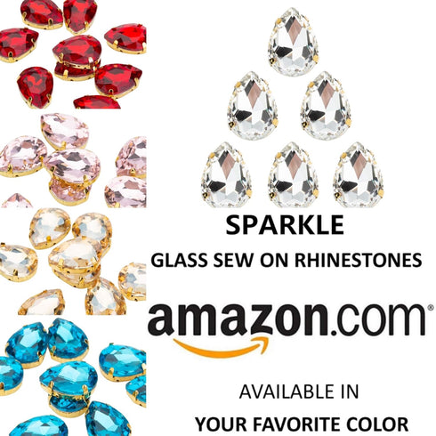 Choupee Sew On Rhinestone Tear Drop Crystal Rhinestones in Gold Setting 48 Pcs (White, 13 X 18 MM)...
