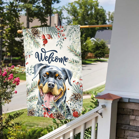Welcome Rottweiler and Winter Flower Home Flag 12 x 18 Inch Double-Sided Outdoor Yard Flag Decorative Puppy Dog Pet Rescue Garden Flag...