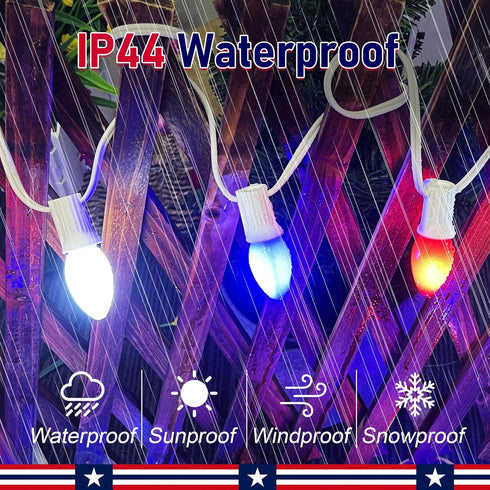 Red White and Blue C7 Outdoor Lights, 25Ft 4th of July Patriotic String Lights with 27 Red White Blue LED Bulbs, Fourth of July Decorations Waterp...