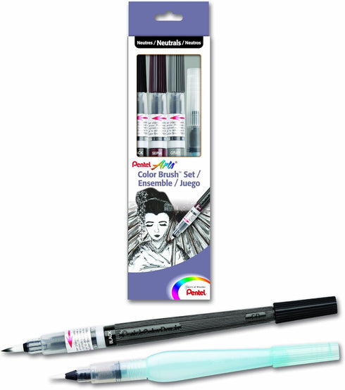 Pentel Arts Color Water Brush Box Set, Black/Gray/Sepia/Aquash (GFLFRHBP)...