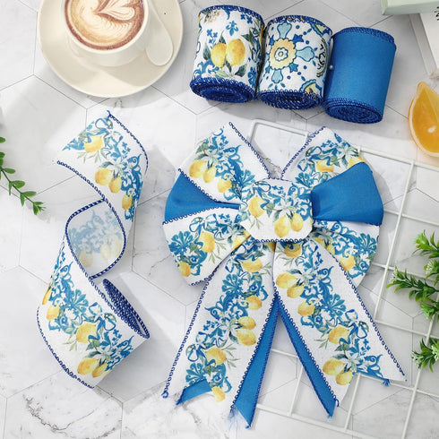 Whaline Lemon Wired Edge Ribbon 24 Yards Blue Tile Lemon Fabric Craft Ribbon for Spring Summer Baby Shower Birthday Gift Wrapping Wreath Bow DIY C...