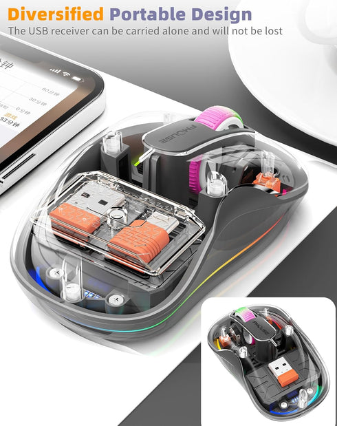 Wireless Bluetooth Transparent Mouse, 2.4GHz with USB & Type-C Two Receiver Compatible with Mac/ipad, 2400 DPI, Portable Laptop Silent Rechargeabl...